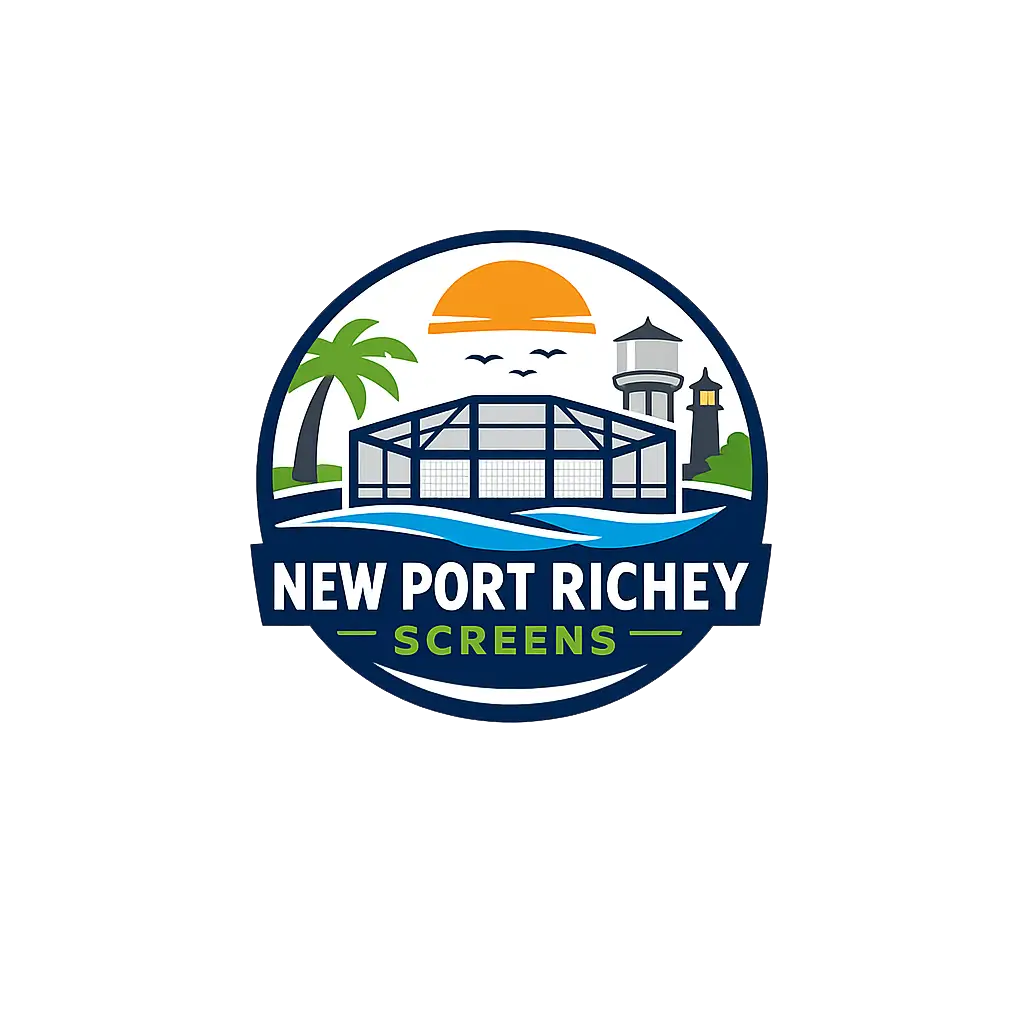 New Port Richey Screens logo featuring screen enclosure, palm tree, lighthouse, and sunset in New Port Richey, FL